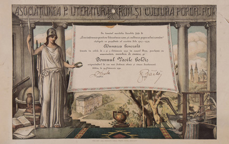 Diploma de membru de onoare al ASTRA, acordată lui Vasile Goldiş, 1932. Cromolitografie, hârtie, 35 x 50 cm. Fond vechi.