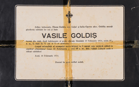 MO 1040Necrologul lui Vasile Goldiș, expediat domnului Ioan Leric. Document, hârtie, 22 x 29 cm. Achiziție, Traian Codrean, Arad, p.v. nr. 1181/1968.