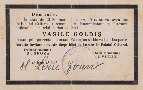 Invitație la funeraliile lui Vasile Goldiș, trimisă lui Ioan Leric.  Document, hârtie, 10 x 16 cm. Achiziție, Traian Codrean, Arad, p.v. nr. 1181/1968.