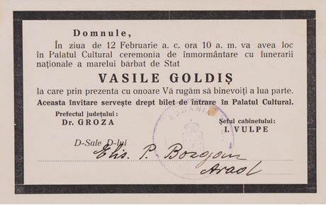 Invitație la funeraliile lui Vasile Goldiș, adresată lui P. Bozgan, Arad, 10 februarie 1934. Document, hârtie, 10 x 16 cm. Achiziție, p.v. nr. 253/1991.