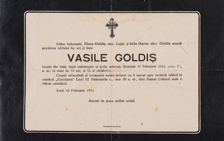 Necrolog privind moartea lui Vasile Goldiş 1934, trimis lui Ștefan Bogdan, protopopul Hălmagiului. Document, hârtie, 22 x 29 cm. Donație, Natalia Dascăl, Arad, p.v. nr. 484/4.12.1996.