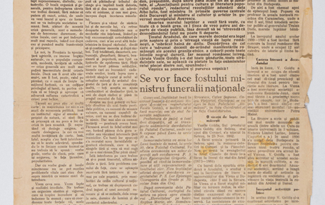 Fragment din ziarul Ecoul despre moartea lui Vasile Goldiș, 11.02.1934, p. 1-2. Ziar, hârtie, 47 x 31 cm.  Donație, Natalia Dascăl, Arad, p.v. nr. 484/4.12.1996.