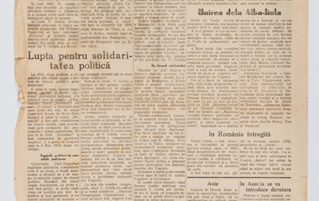 Fragment din ziarul Ecoul despre moartea lui Vasile Goldiș, 11.02.1934, p. 1-2. Ziar, hârtie, 47 x 31 cm.  Donație, Natalia Dascăl, Arad, p.v. nr. 484/4.12.1996.