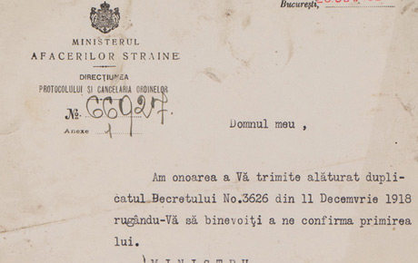 Adresa Ministerului Afacerilor Străine către Vasile Goldiş pentru eliberarea duplicatului decretului nr. 3626, din 11 decembrie 1918. Document, hârtie, 21 x 17 cm. Fond vechi.