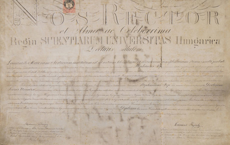 Diploma de doctor în științe juridice universale a lui Ştefan Cicio Pop, Budapesta, 13.04.1889. Document, pergament, 46 x 63,5 cm. Fond vechi.