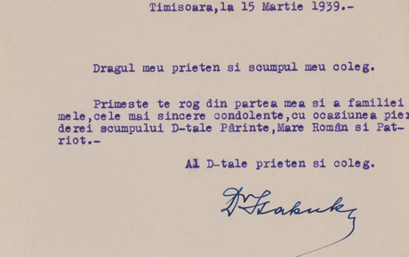 Notă de condoleanțe din Timișoara, 15 martie 1939. Document, hârtie, 9 x 14 cm. Donație, Lucia Ioan, Timișoara; donație, Ovidiu Avramescu, București, 1981.