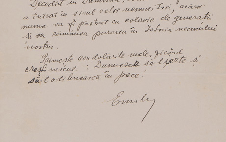 Notă de condoleanțe din Timișoara, semnat ”Emil”, 16 martie 1939 Document, hârtie, 22 x 17 cm. Donație, Lucia Ioan, Timișoara; donație, Ovidiu Avramescu, București, 1981.