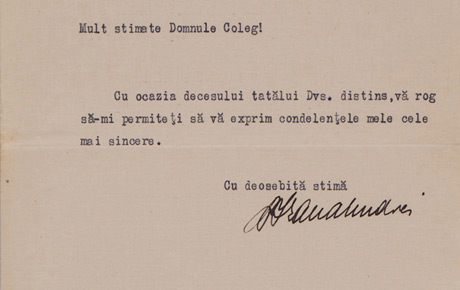 Notă de condoleanțe de la Timișoara, 24 martie 1939. Document, hârtie, 23 x 17 cm. Donație, Lucia Ioan, Timișoara; donație, Ovidiu Avramescu, București, 1981.