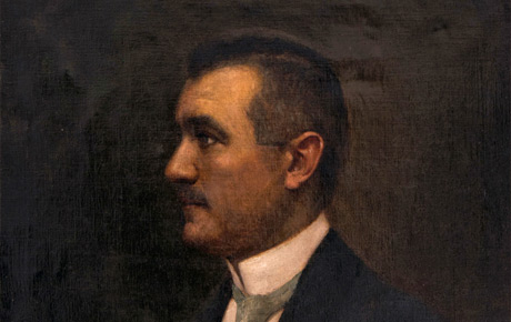 Portretul lui Iustin Marșieu. Ulei/pânză, 73,5 x 60 cm. Autor: Carol Wolff, semnat stânga jos, cu roșu, ”C. Wolff”. Fond vechi.
