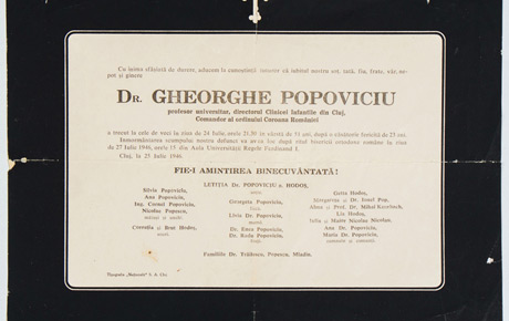 Necrologul lui dr. Gheorghe Popoviciu (1895-1946). Document, hârtie, 22,5x30 cm. Donație, Milinca Columbanu, P.V. 18/12.04.1992.