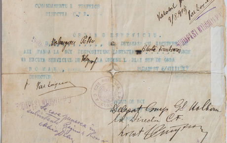 Ordinul de serviciu al lui Petru Volungan, dat de Comandamentului trupelor. Direcția CFR, Budapesta, 8 septembrie 1919. Document, hârtie, 17 x 21 cm. Donație, 1968.