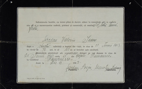 Necrologul lui Valeriu Șederan, 24. 06. 1963. Document, hârtie, 22,5x29 cm. Donație, p.v. nr. 231/25.08.1991.