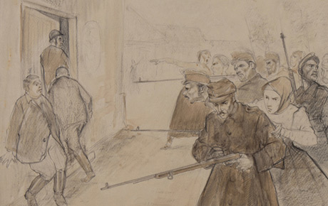 Răscoala țăranilor din Comlăuș, 1918. Desen, hârtie, 42 x 49,5 cm. Fond plastic, 1959.