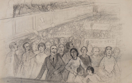 Manifestația de la teatrul de vară, Arad, 3 decembrie 1918. Desen, hârtie, 36,5 x 54 cm.  Autor: Sever Frențiu. Fond plastic, 1959.
