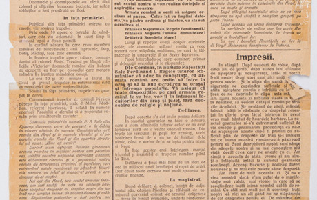 Românul, nr. special Arad, 18 mai 1919. ”Armata română la Arad” (1 filă). Ziar, hârtie, 40 x 27 cm. Donație, p.v. nr. 1809/28.09.1976.
