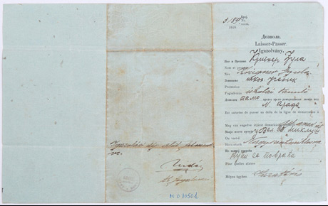 Pașaport eliberat la Arad, 1919. Document cu fotografie, în limba maghiară, hârtie, 21,2 x 34 cm. Donație, Emil Arbonie, 30.03.2005.